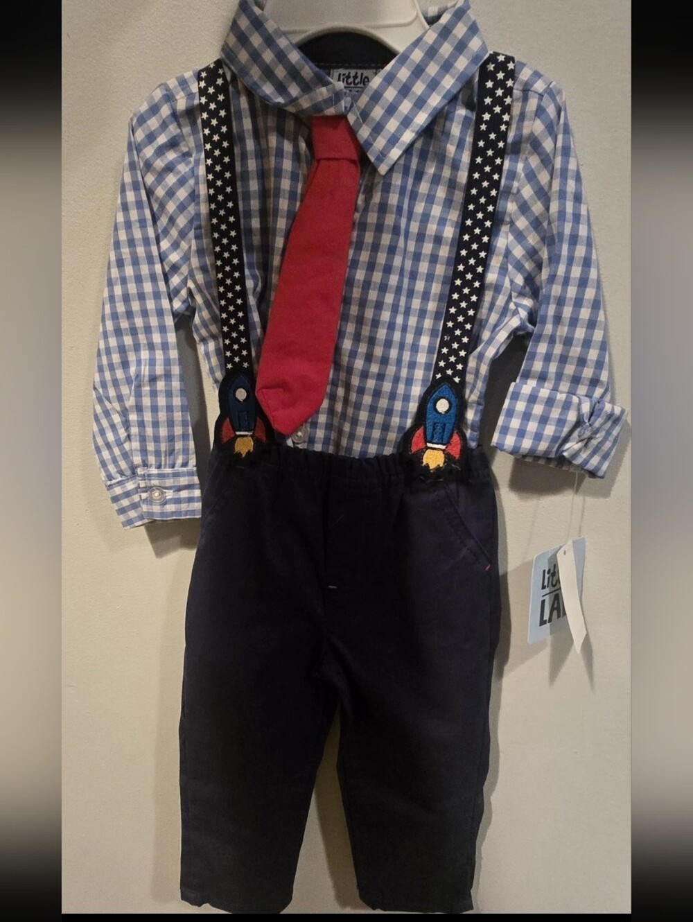 Little Lad Boys Set, Check Shirt, Red Tie, Suspenders, Rocket Ship Size 12M